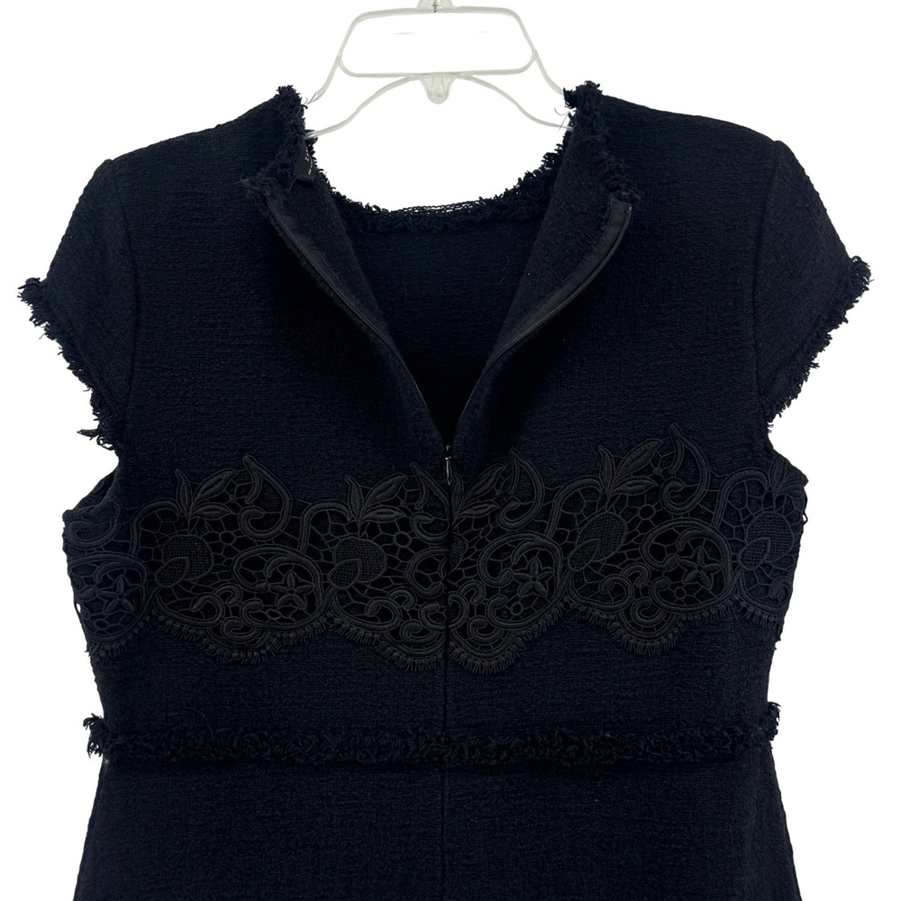 Zara Woman Dress Womens XL Black Tweed Lace Applique Frayed Trim Mini LBD - Picture 8 of 10